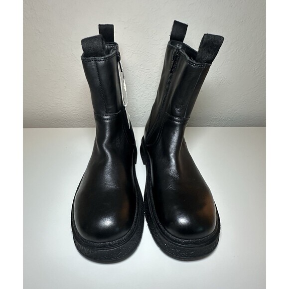 ZARA Women's Black Leather Zip Up Chunky Ankle Boots‎ Combat Moto US 7 EU 37 - Picture 5 of 13